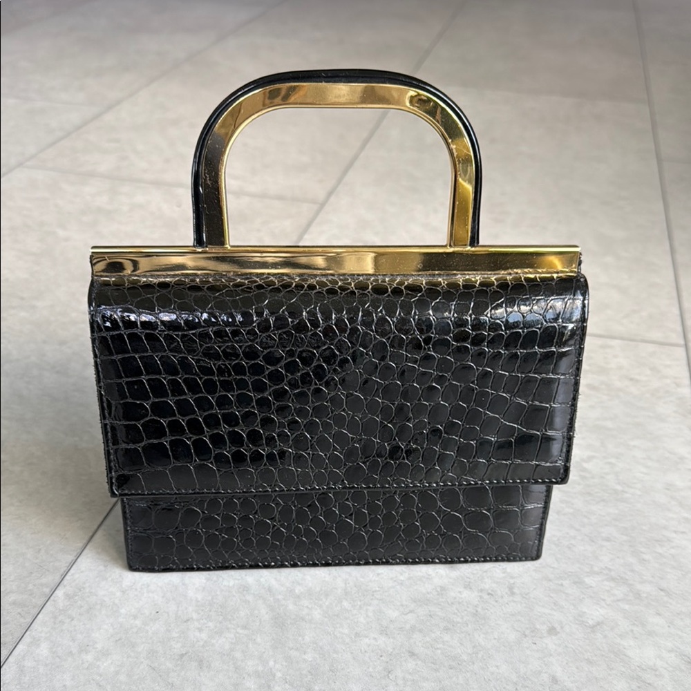 Vintage Elegant Black Crocodile Pattern Handbag